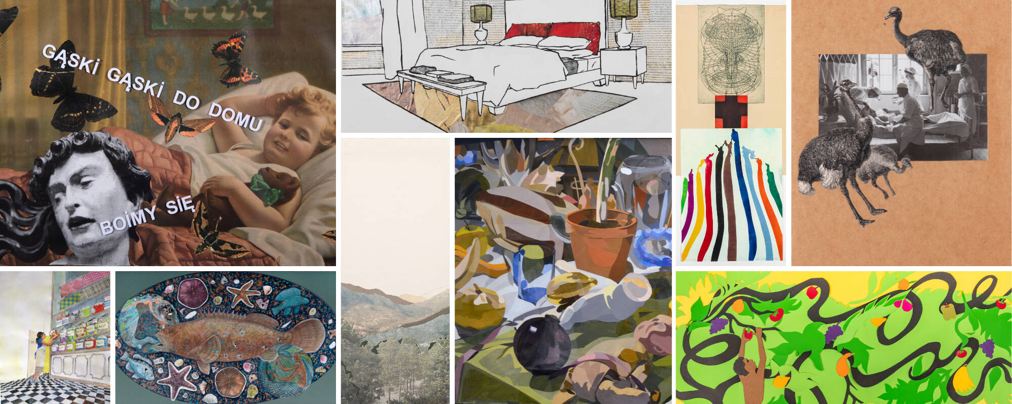 Collage of nine different works of art from the GVSU Art Museum Collection that showcase the medium of collage.